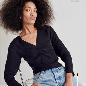 Madewell Black V-Neck Ruched-Waist Long Sleeve Top